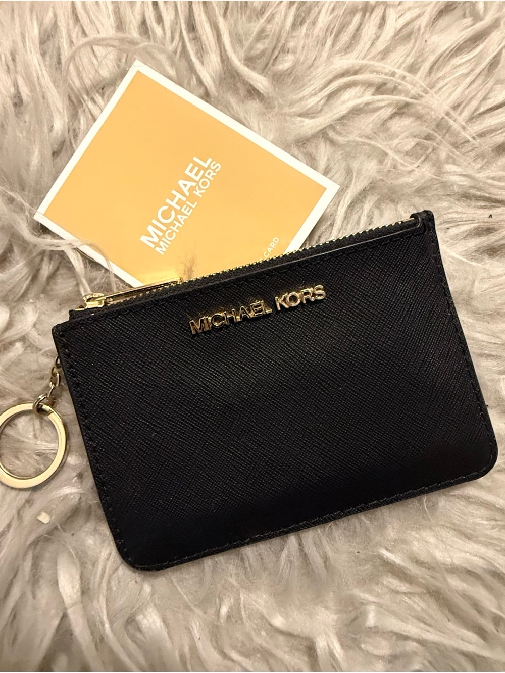 Michael Kors Black Saffiano Leather Zip Card Holder with Gold Hardware